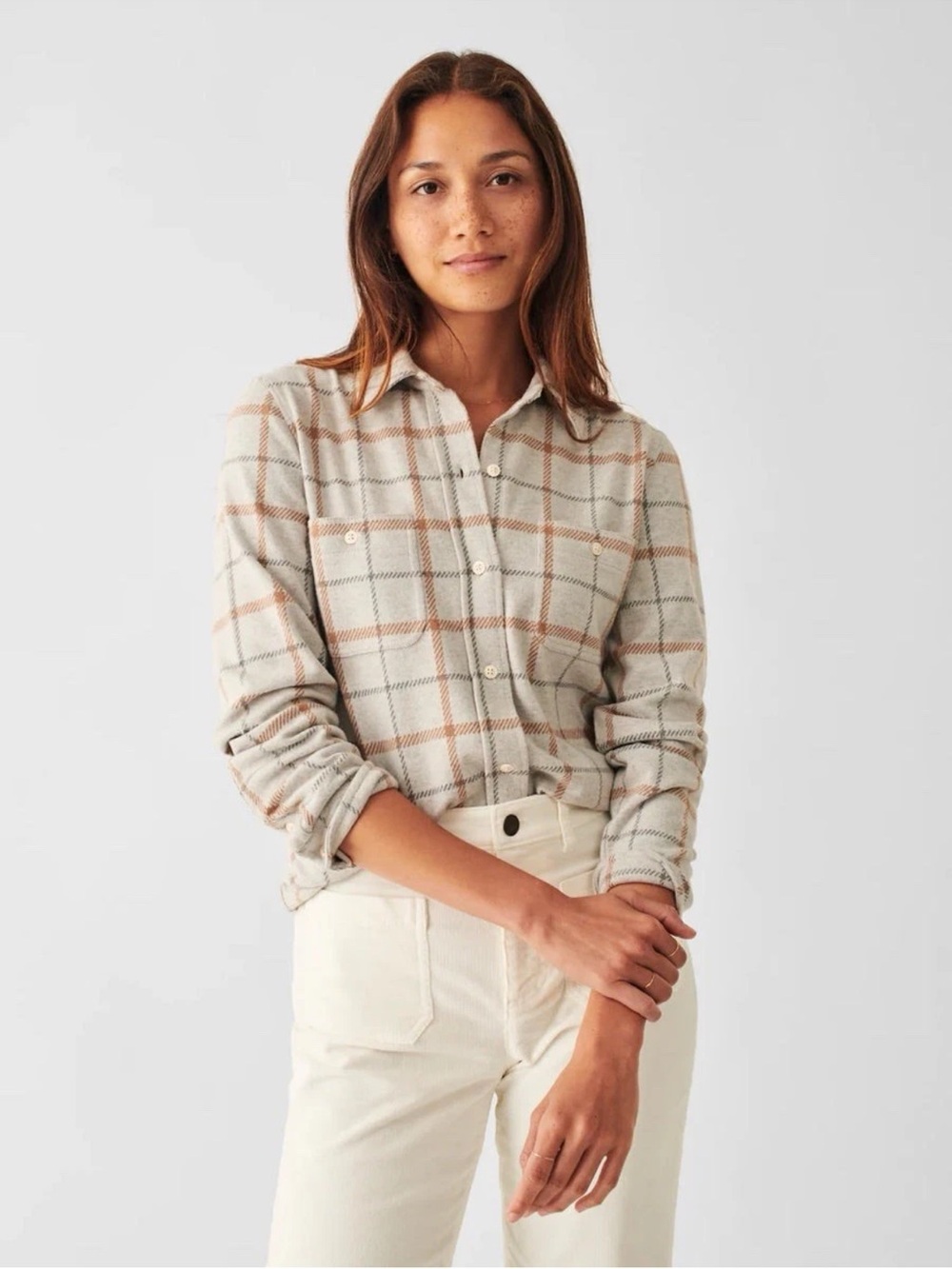 Faherty Womens M Legend Sweater Shirt Open Tundra Grey Windowpane Button Down